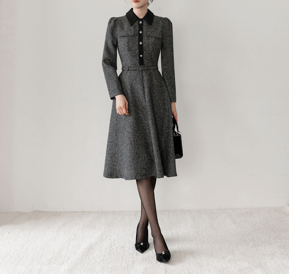 Classic Collar Elegant Tweed Dress with Belt