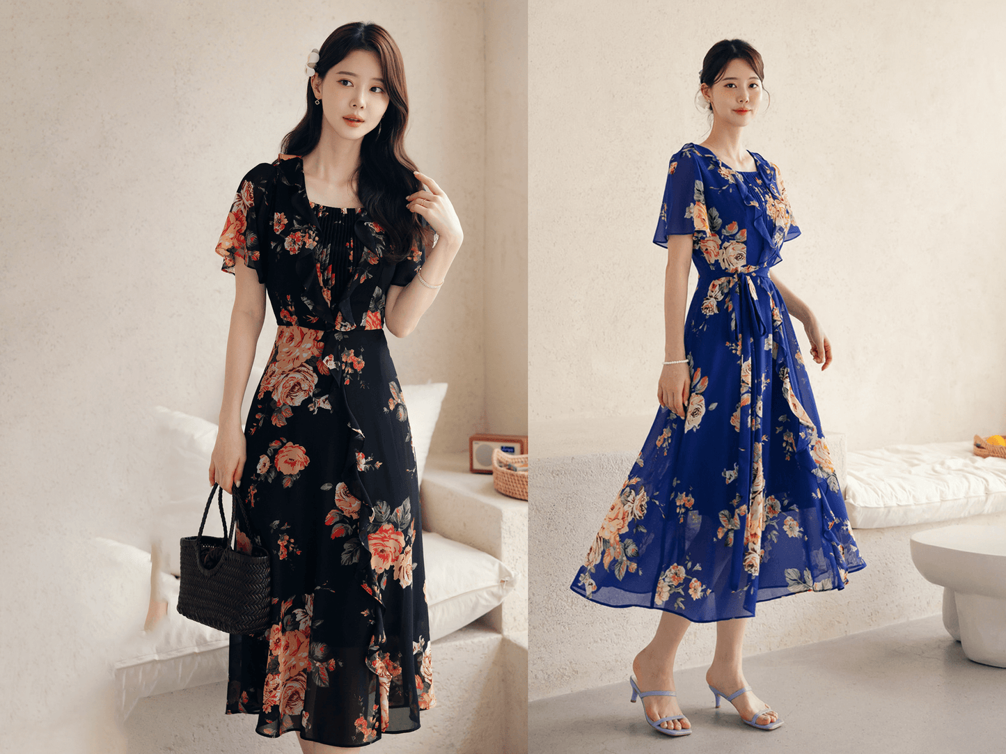 Floral chiffon dress with sheer wing sleeves, square neckline, available in black or blue, worn by models indoors.