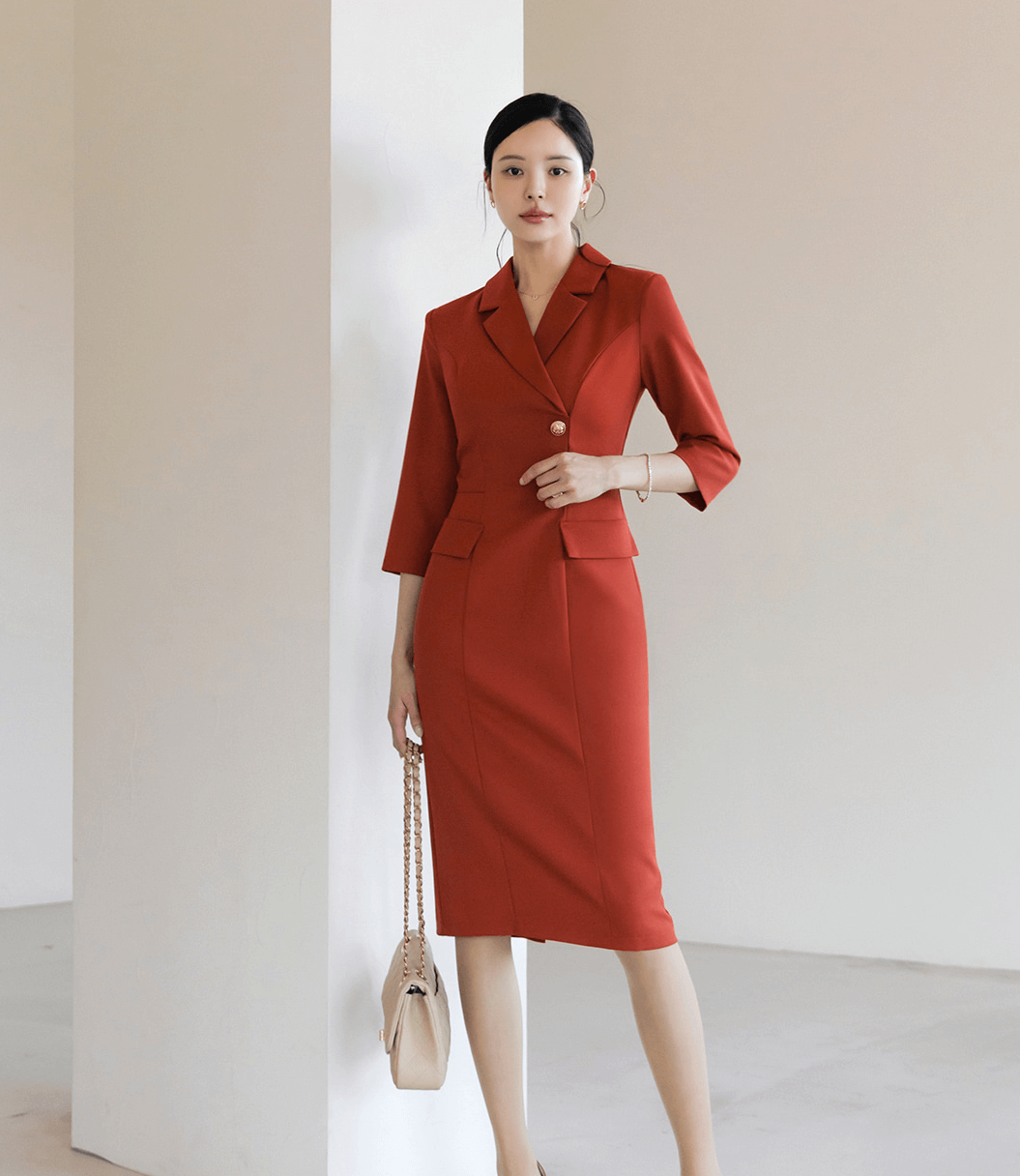 Elegant High-Waist Dress with Gold Button Accents