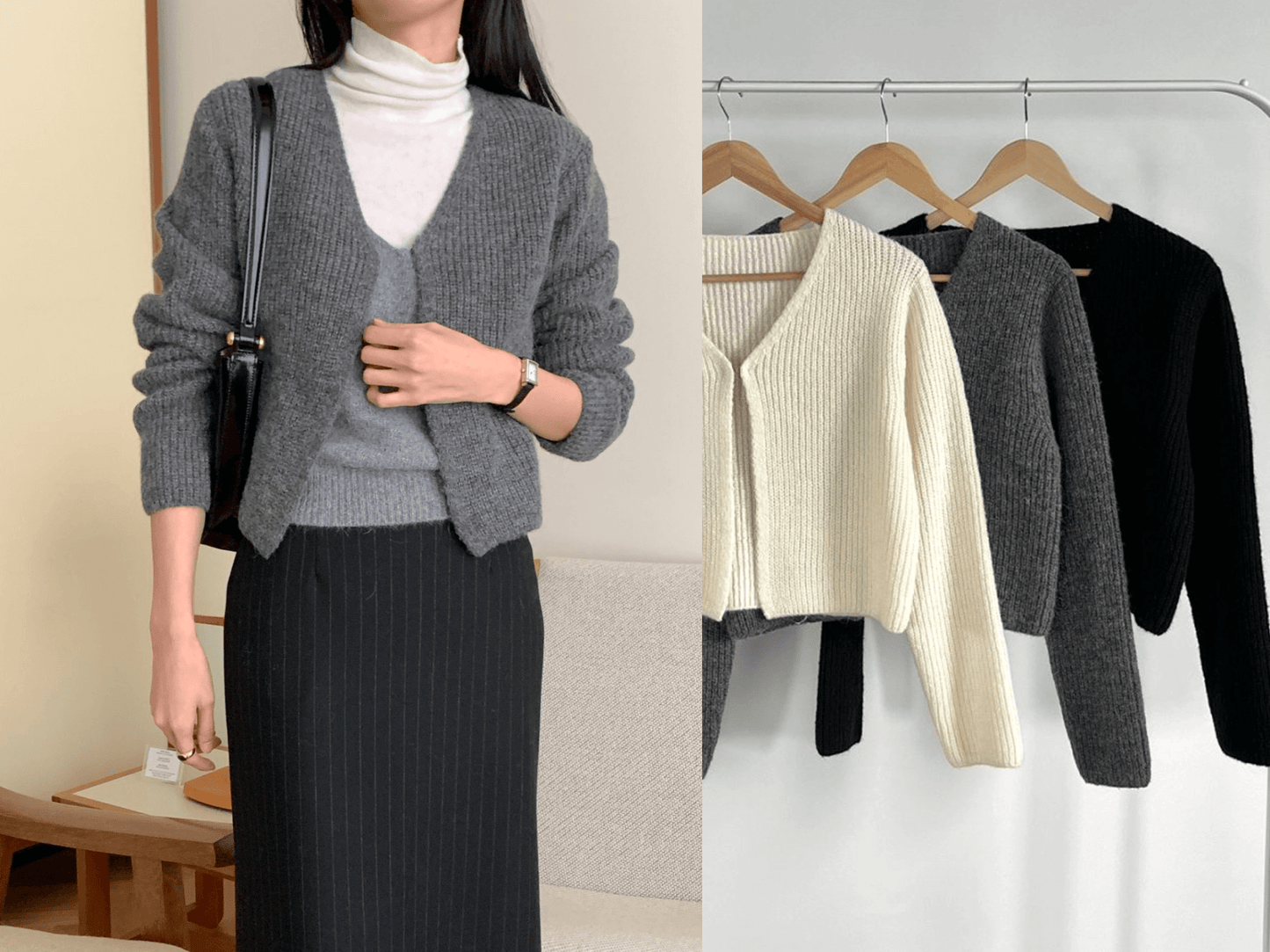 Alpaca blend cardigan in gray worn with a turtleneck, alongside ivory, gray, and black options on display.
