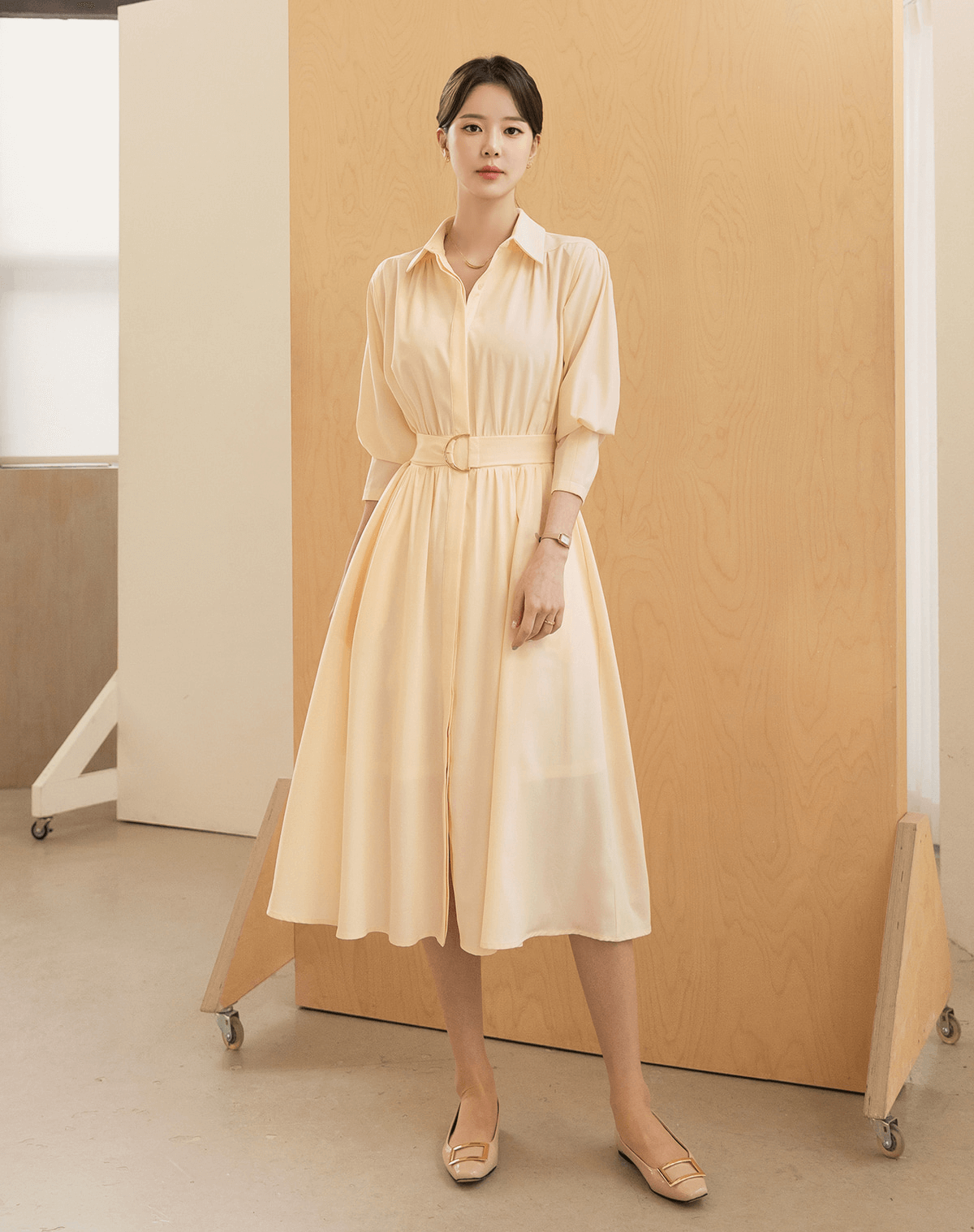 Elegant Shirt Collar Flare Dress with Belt