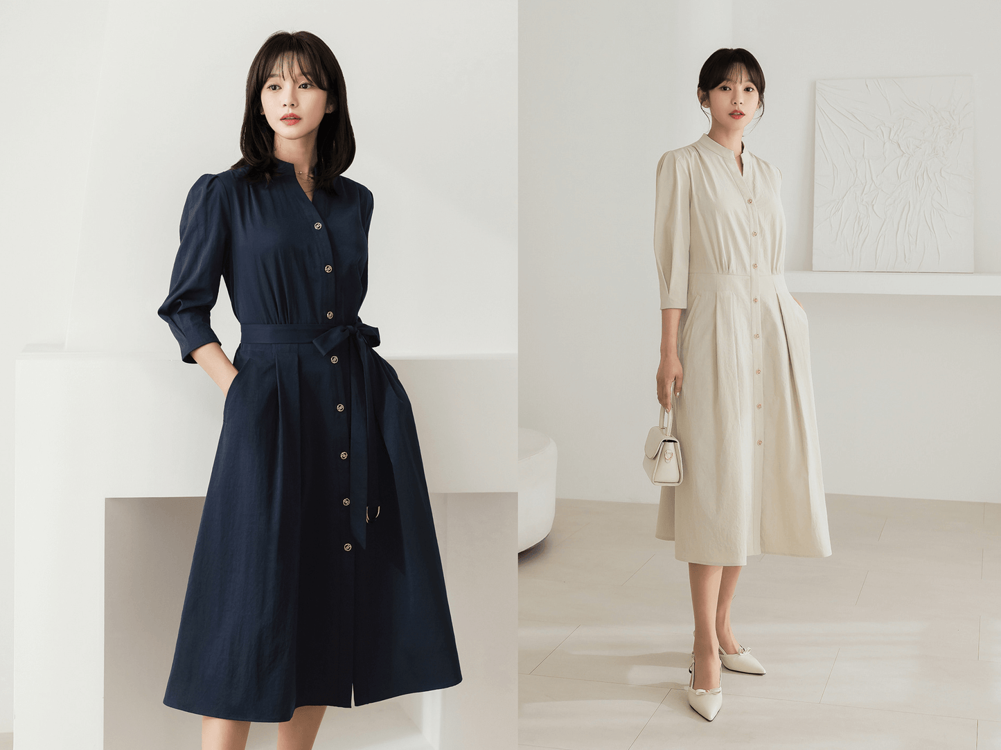 Elegant Puff-Sleeve Shirt Dress with Belt