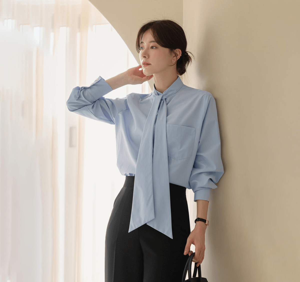 Elegant Tie-Neck Blouse with Puff Sleeves