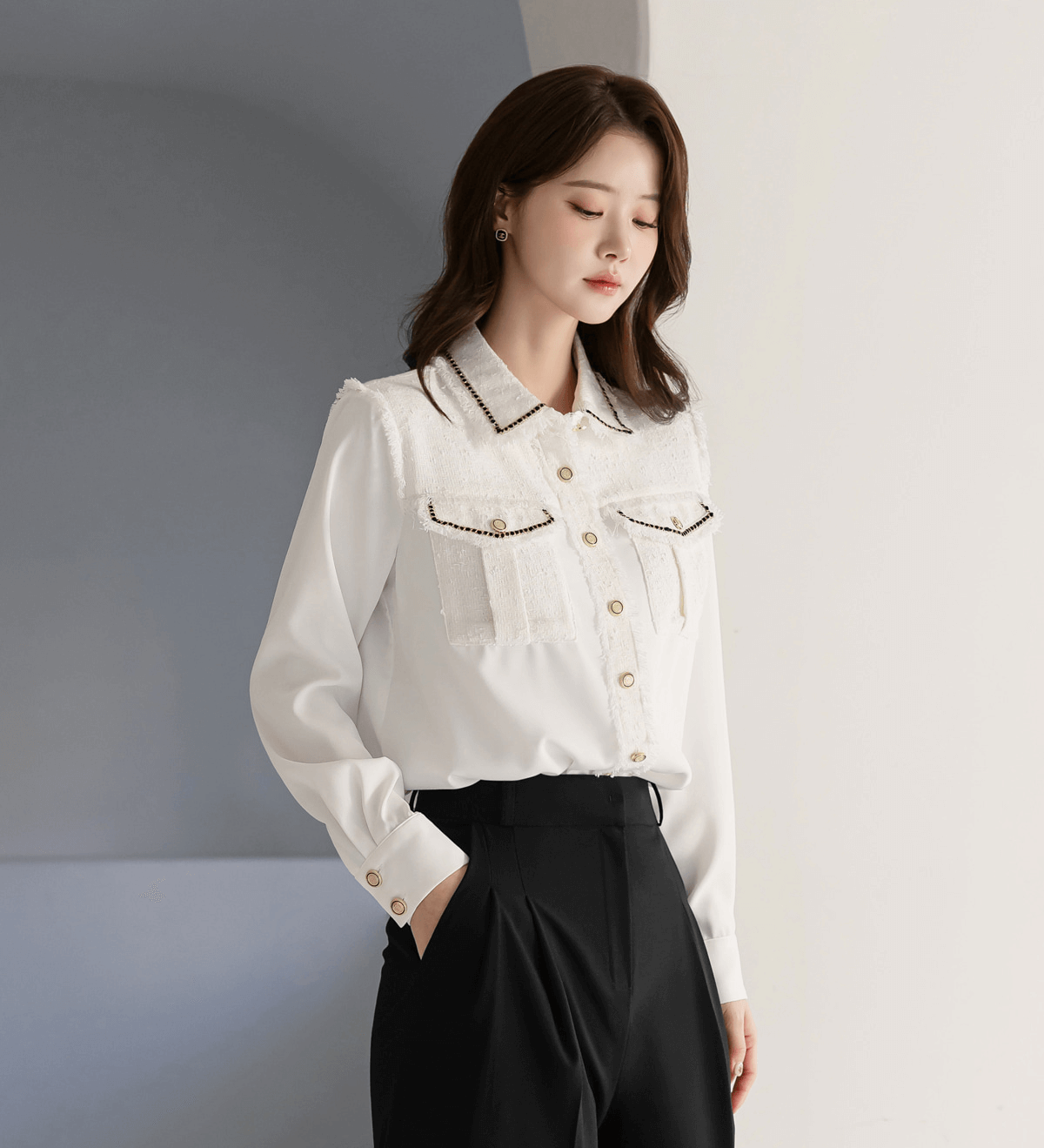 Chic Tweed Blouse with Unique Accents