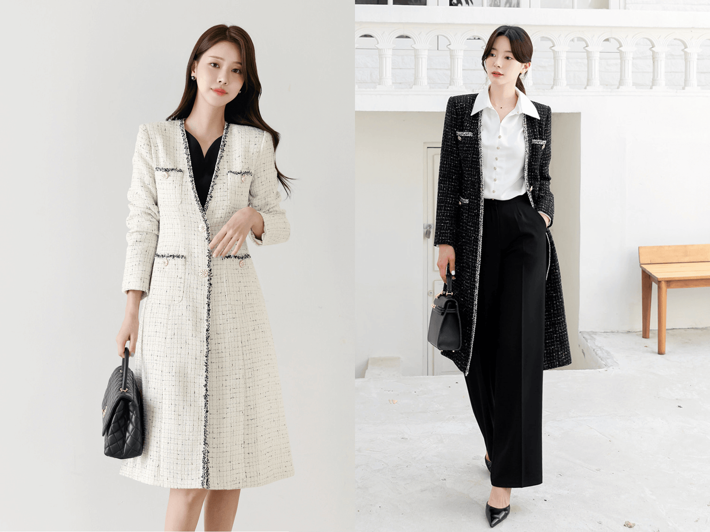 V-neck Fringe Trimming Long Tweed Jacket