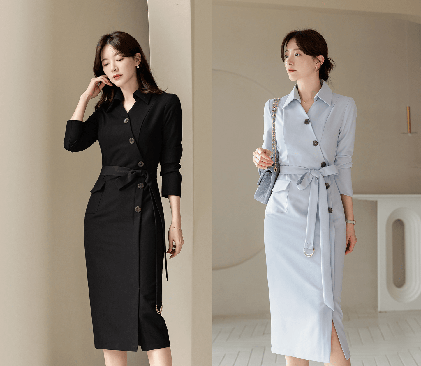Open-Collar Belted Dress with Timeless Charm