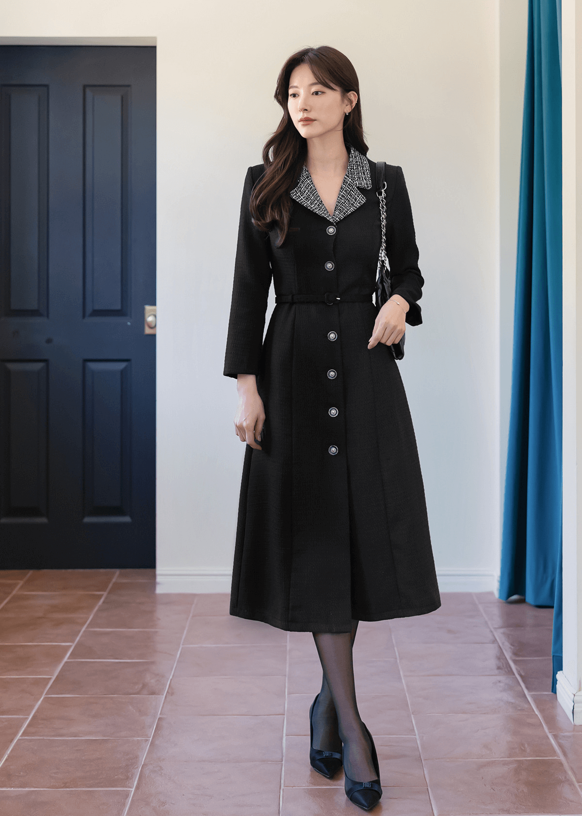 Modern Tweed Collar Belted Dress with Sophisticated Flair