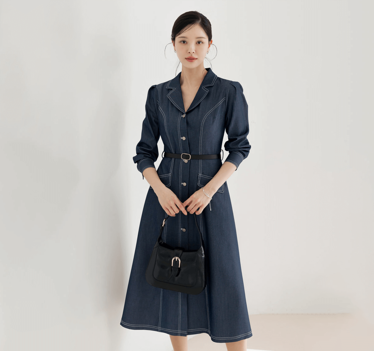 Chic Contrast-Stitch Denim Shirt Dress