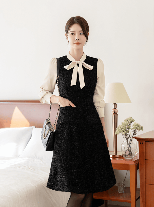 Feminine Tie-neck Layered Tweed Dress