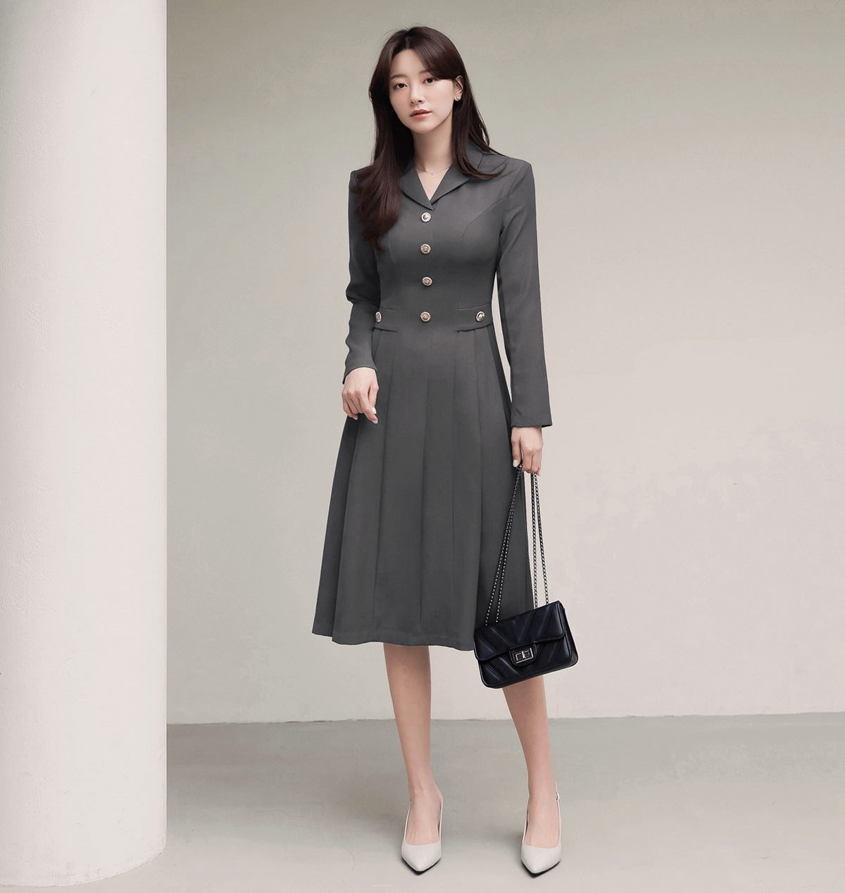 Elegance with a Feminine Touch Grey Pleated Flare Dress