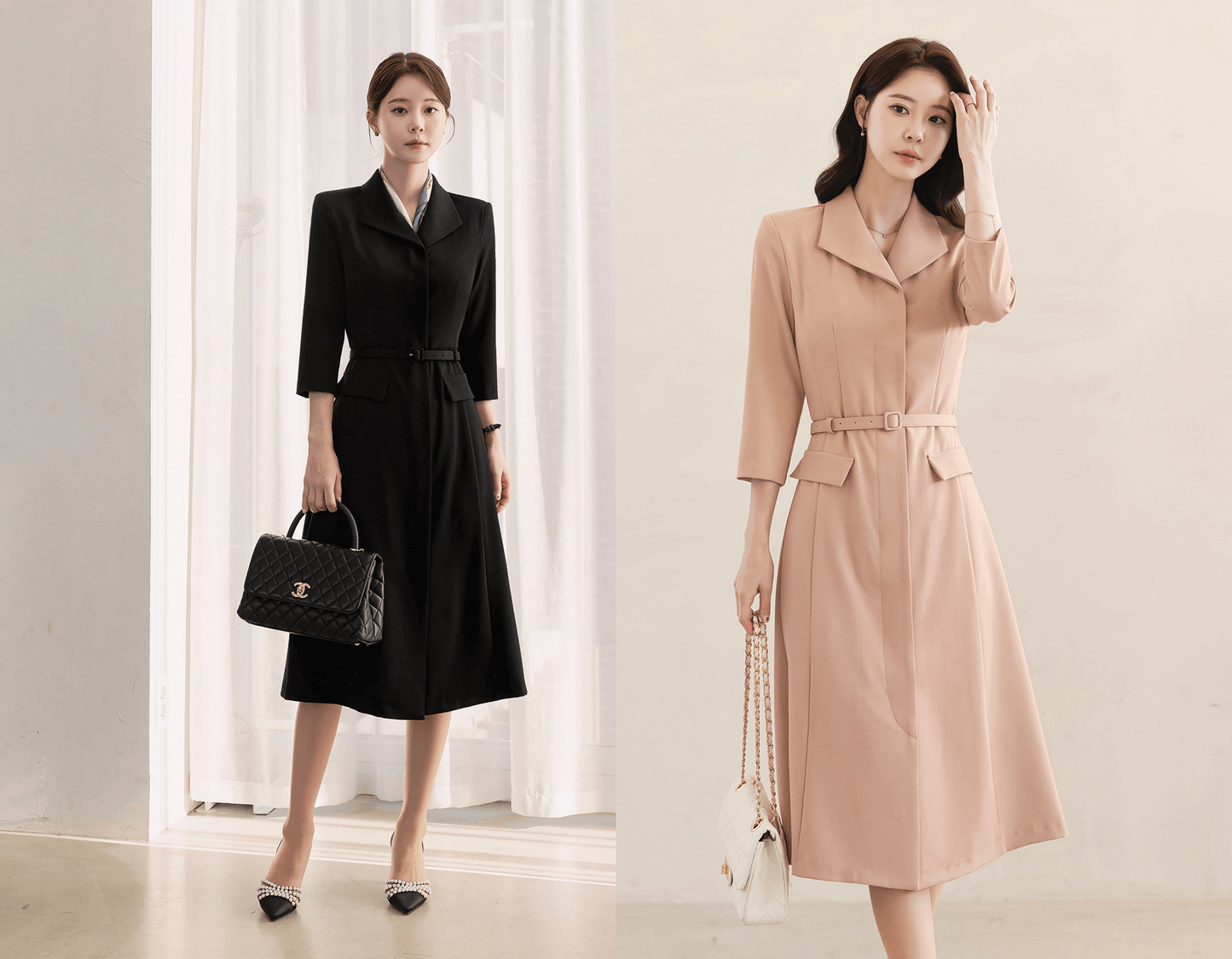 Flap-Pocket Belted Dress with Modern Sophistication