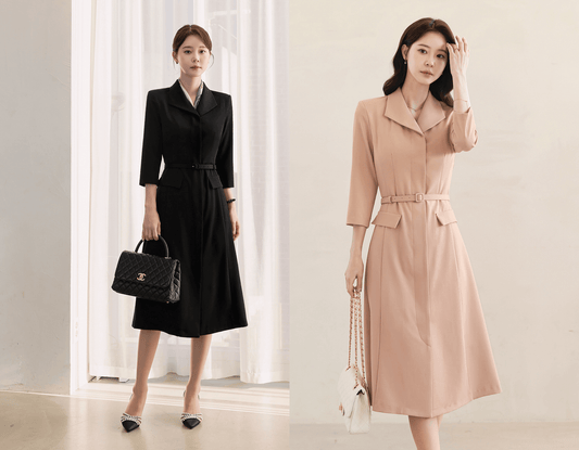 Flap-Pocket Belted Dress with Modern Sophistication
