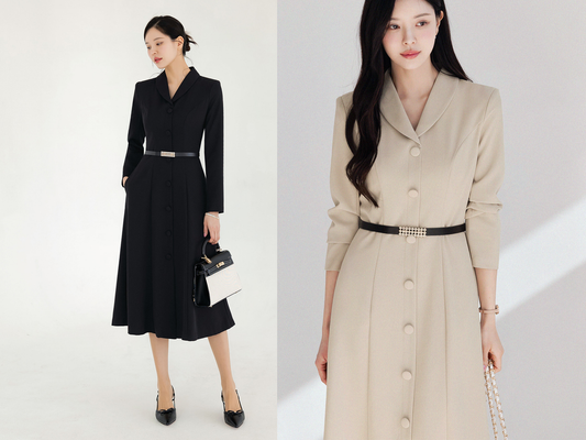 Shawl Collar Flare Midi Dress with Waist Belt – Elegant Dress for Special Occasions