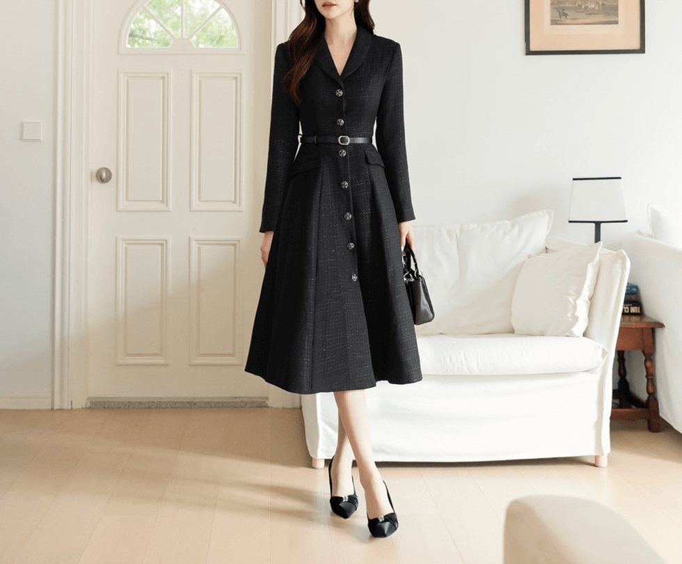 Classic Elegance Shawl Collar Tweed Shirt Dress