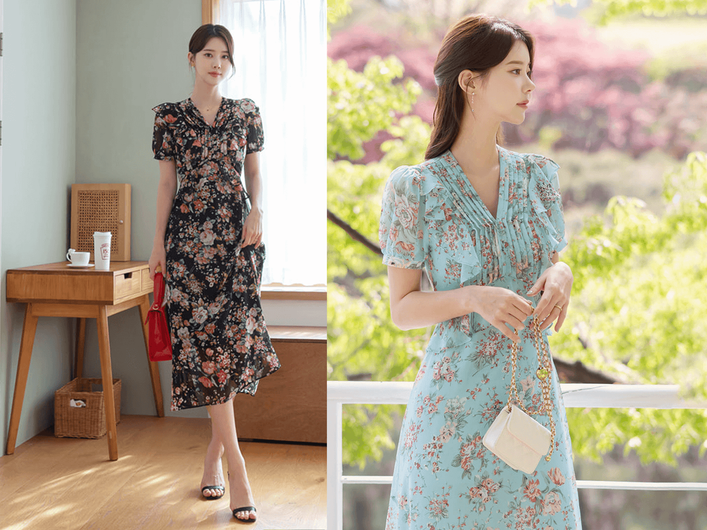 Model wearing a floral chiffon dress with pintuck bodice; available in black and sky blue with peplum detail for elegant style.