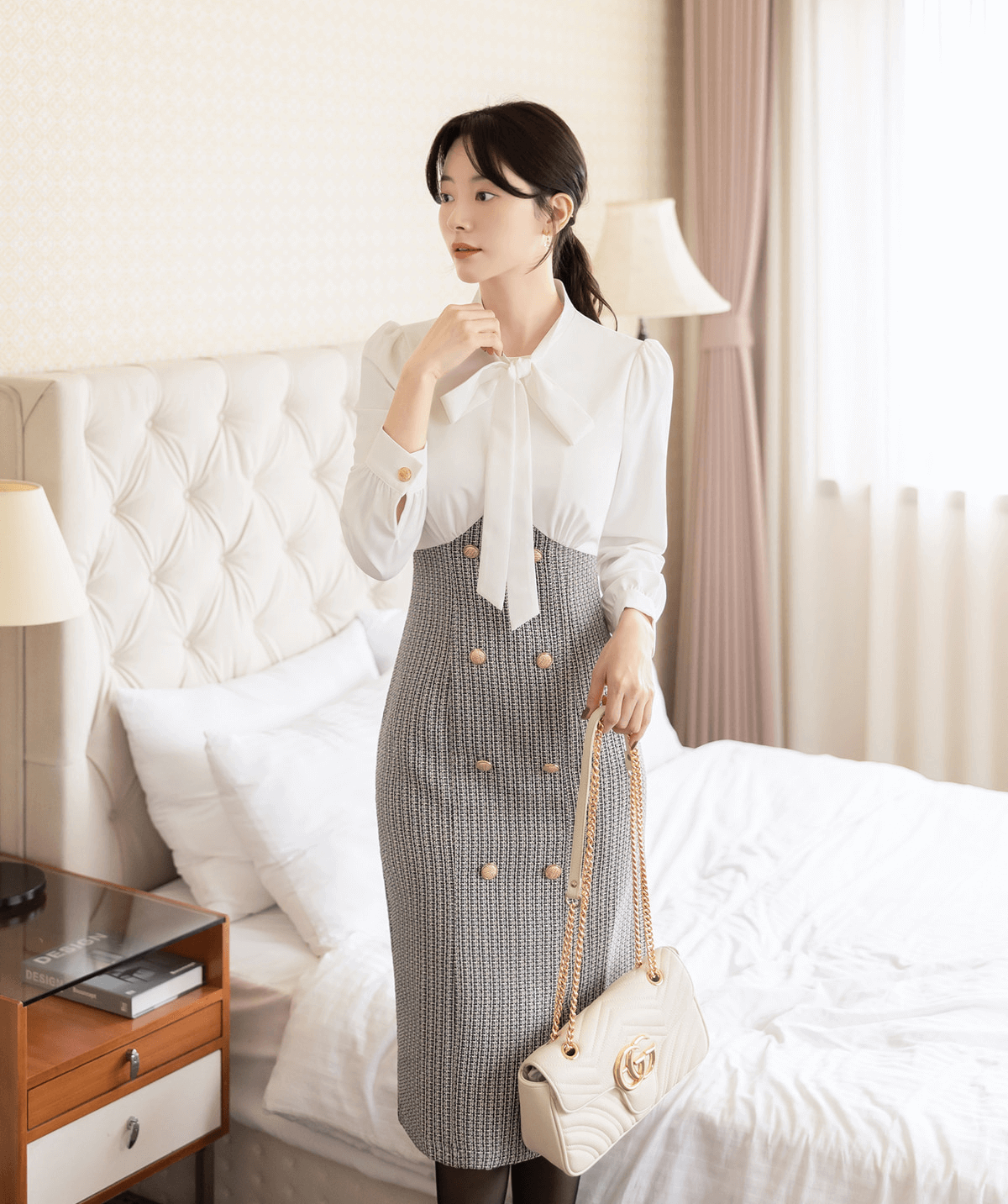 Tie-Neckline Blouse Layered Tweed Dress