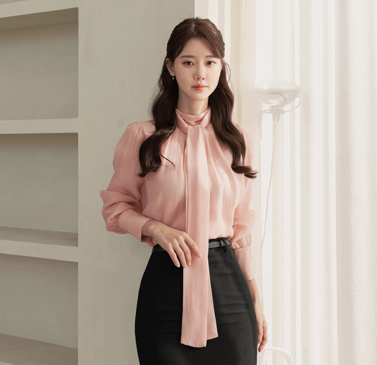 Sheer Elegance Tie-Neck Pintuck Blouse