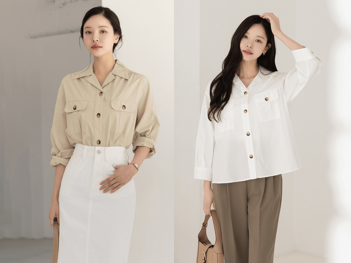Effortlessly Chic Cotton Open-Collar Shirt with Double Pockets