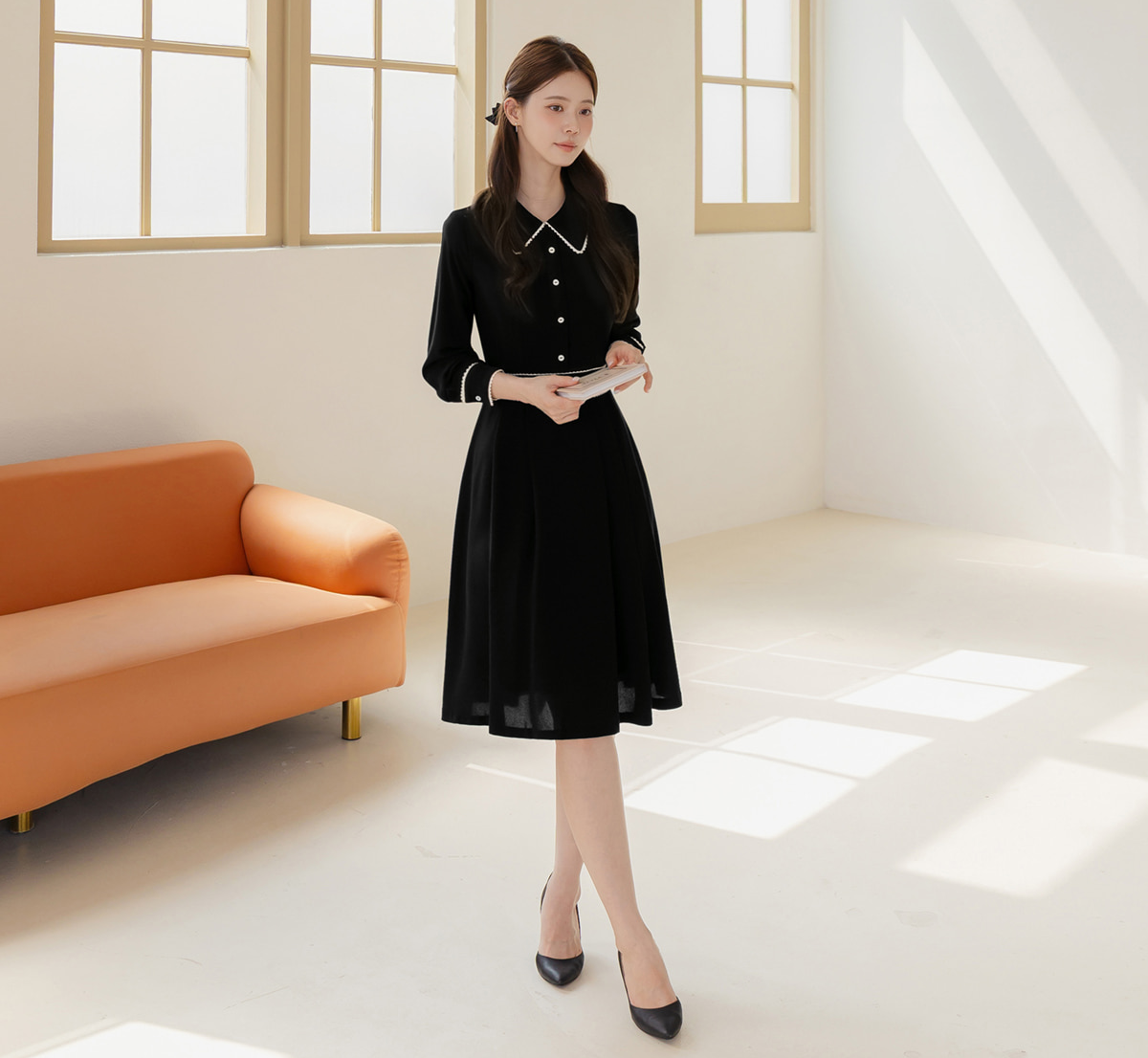 Black Flare Dress with Lace-Trimmed Collar and Enamel Button