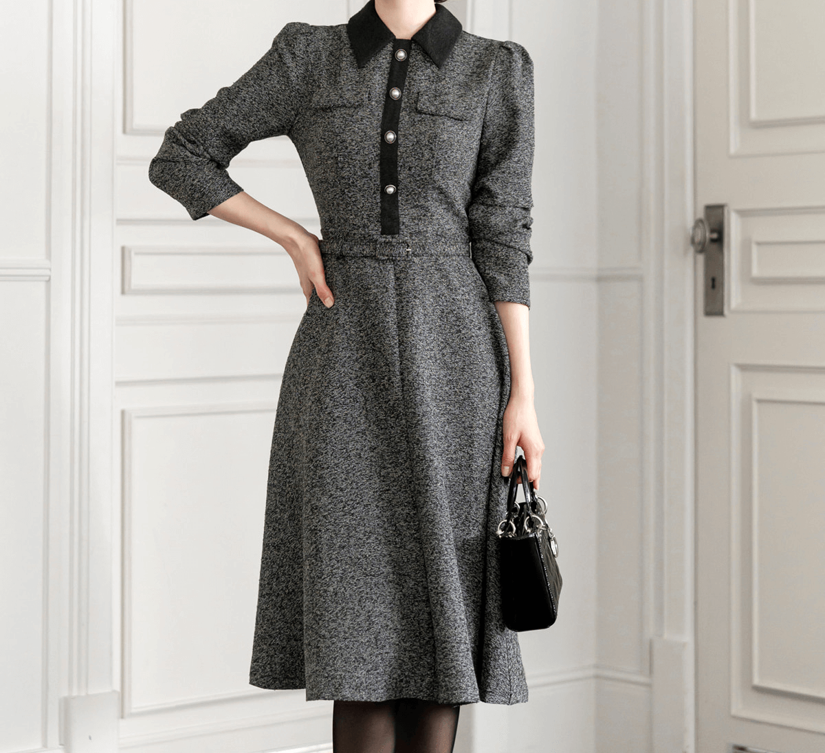 Classic Collar Elegant Tweed Dress with Belt