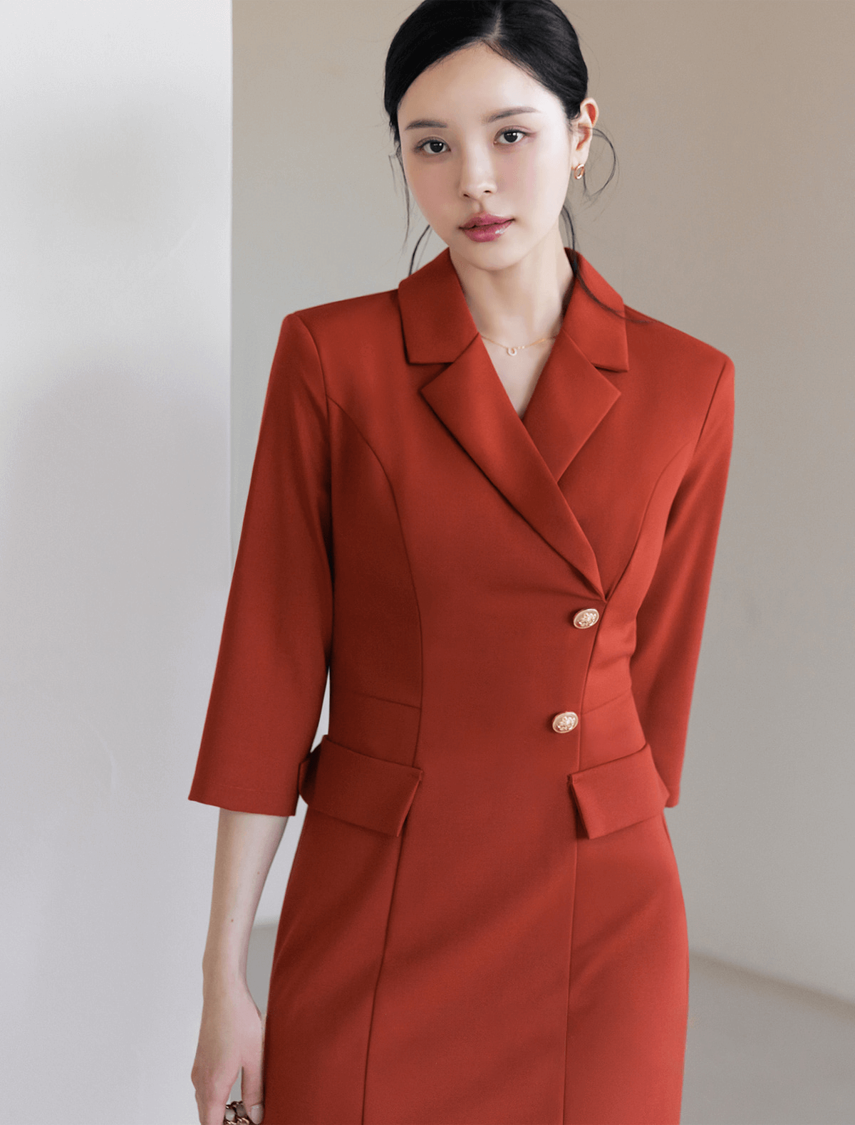 Elegant High-Waist Dress with Gold Button Accents