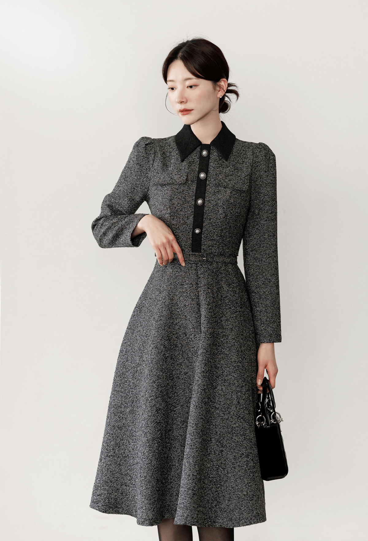 Classic Collar Elegant Tweed Dress with Belt