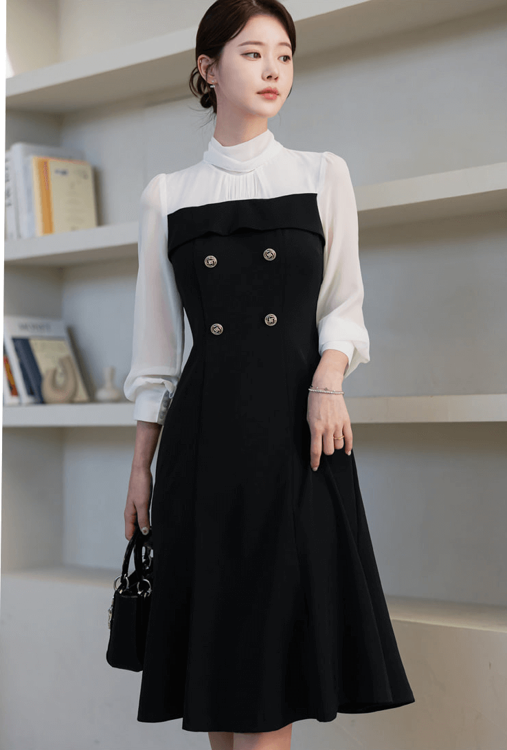Elegant Layered Look with a Feminine Touch Chiffon Tie-Neck Flare Dress