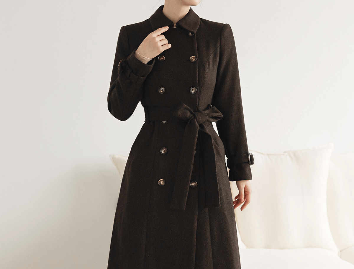 Double-Breasted Herringbone Trench Coat