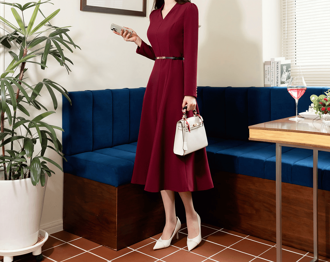 Timeless Elegance V-Neck Belted Flare Dress