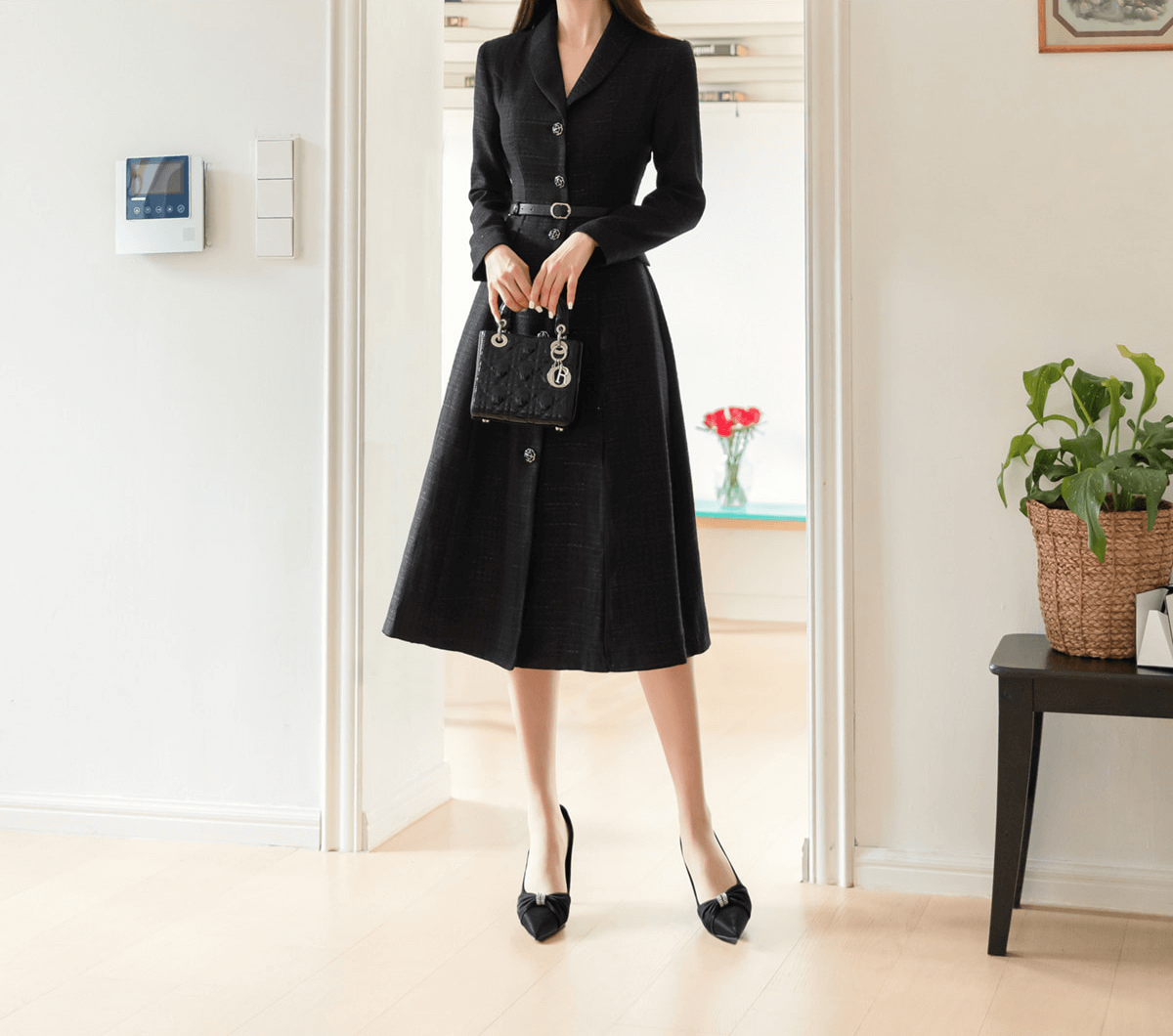 Classic Elegance Shawl Collar Tweed Shirt Dress