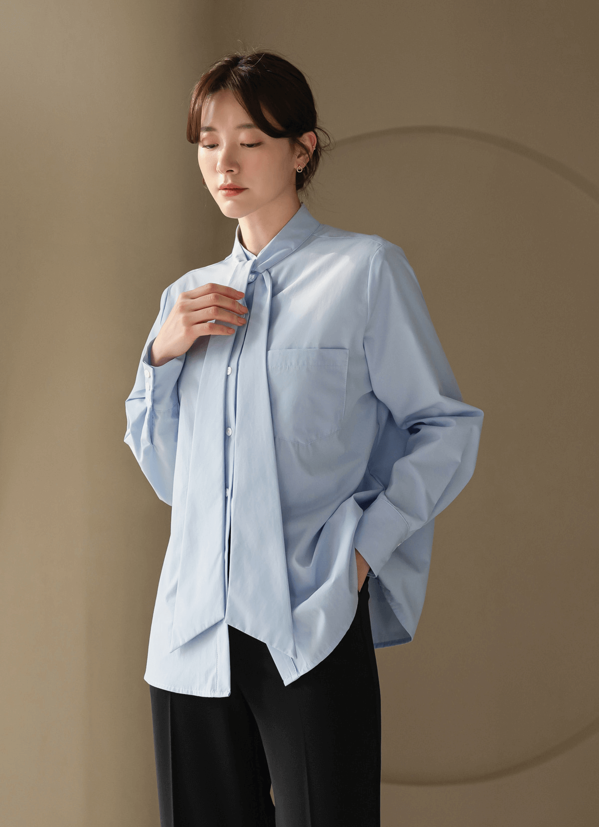 Elegant Tie-Neck Blouse with Puff Sleeves