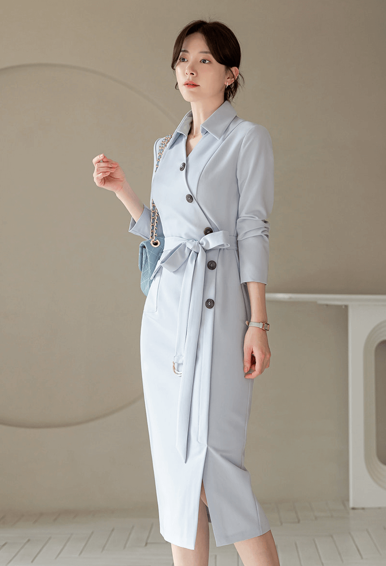 Open-Collar Belted Dress with Timeless Charm