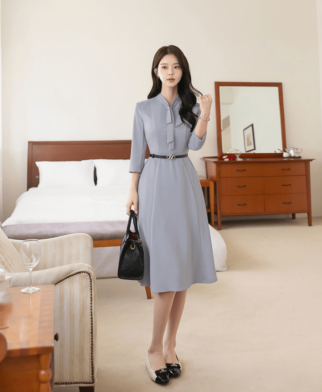 Elegant Tie-Neck Flare Dress with Belted Waist