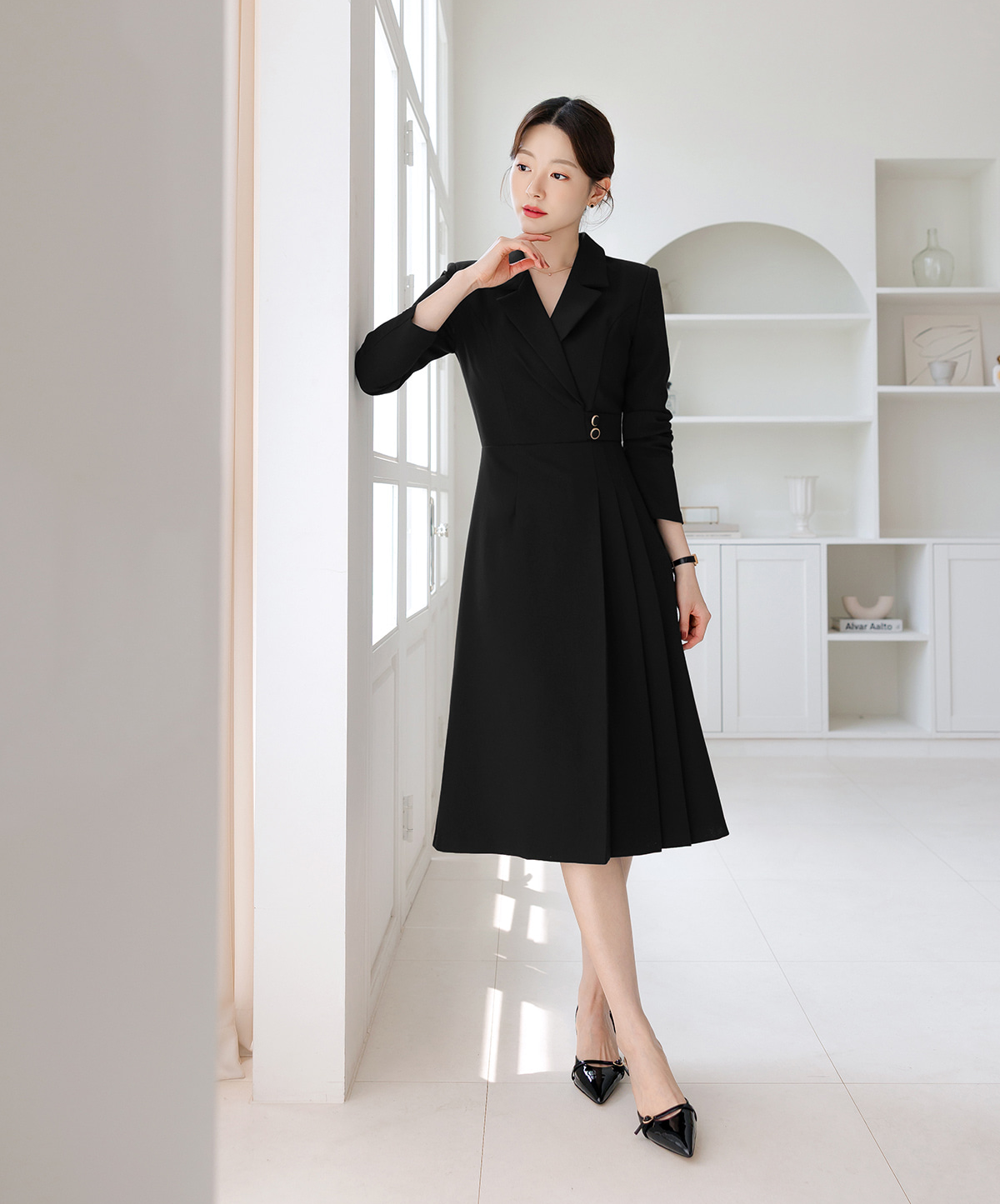 Half Pleated Midi Dress with Waist Button Detail – Elegant Korean Formal Dress for Special Occasions