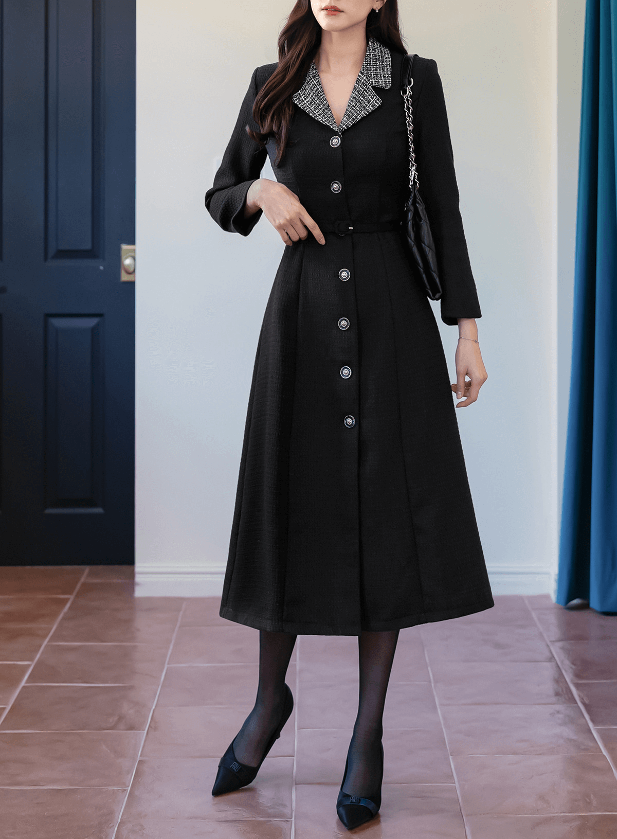 Modern Tweed Collar Belted Dress with Sophisticated Flair