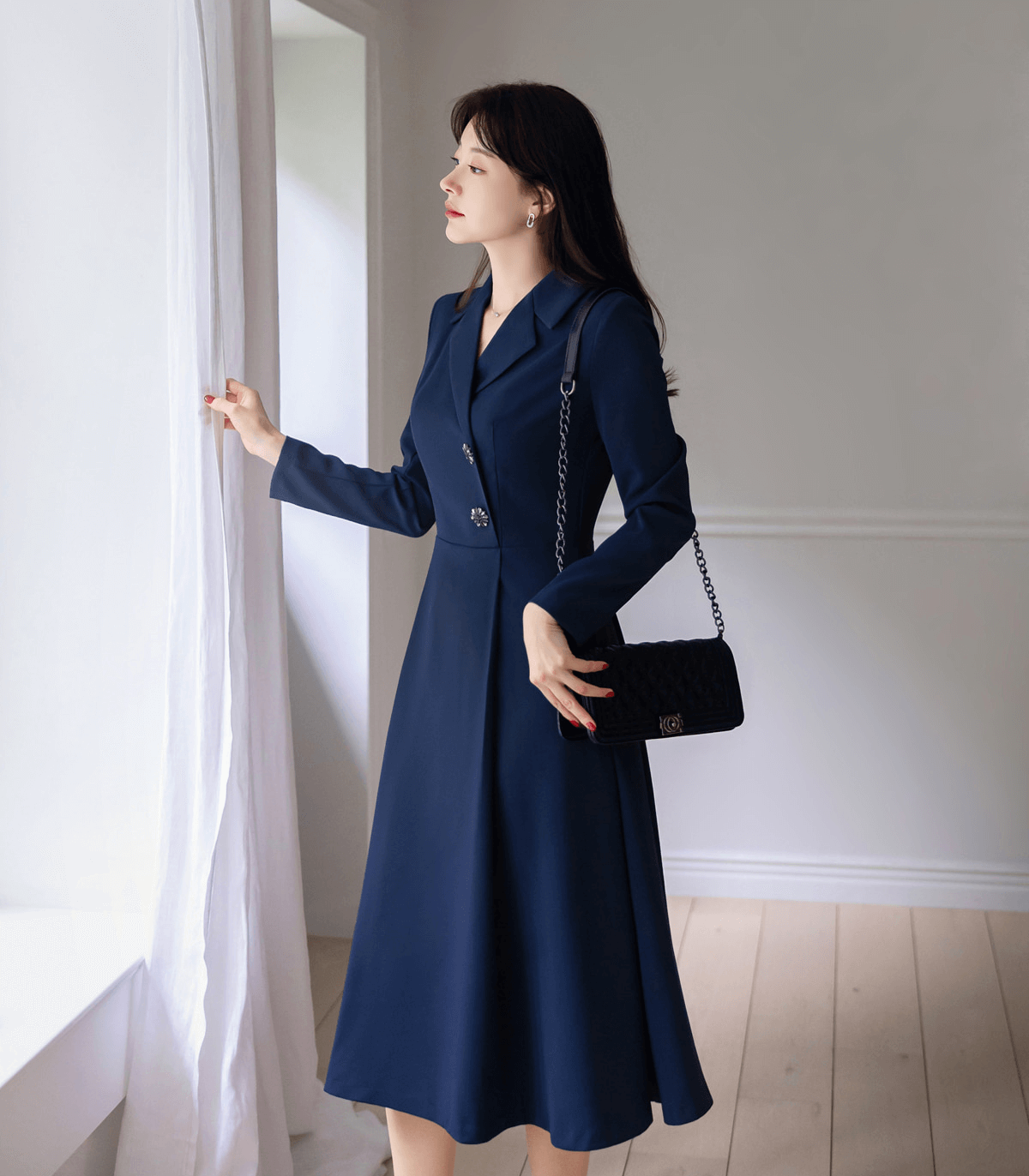 Elegant Jewel Button Flare Dress with Pintuck Detail