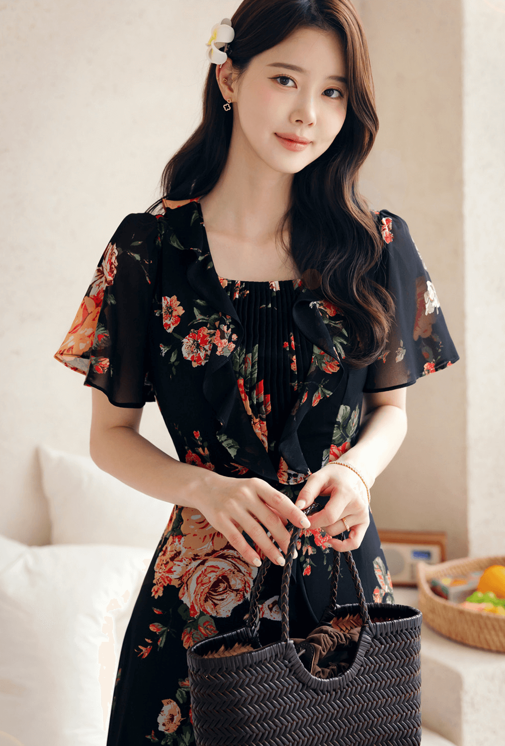 Woman in a floral chiffon dress with sheer wing sleeves and square neckline, ideal for summer elegance.