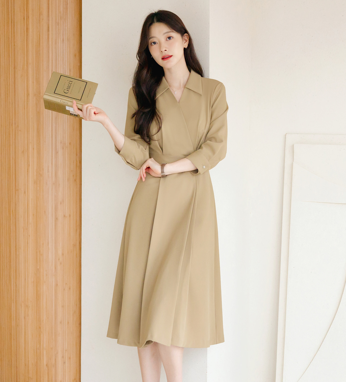 Flare Midi Dress with Collar Wrap Design and Side Mini Belt – Elegant Fit with Back Elastic Band