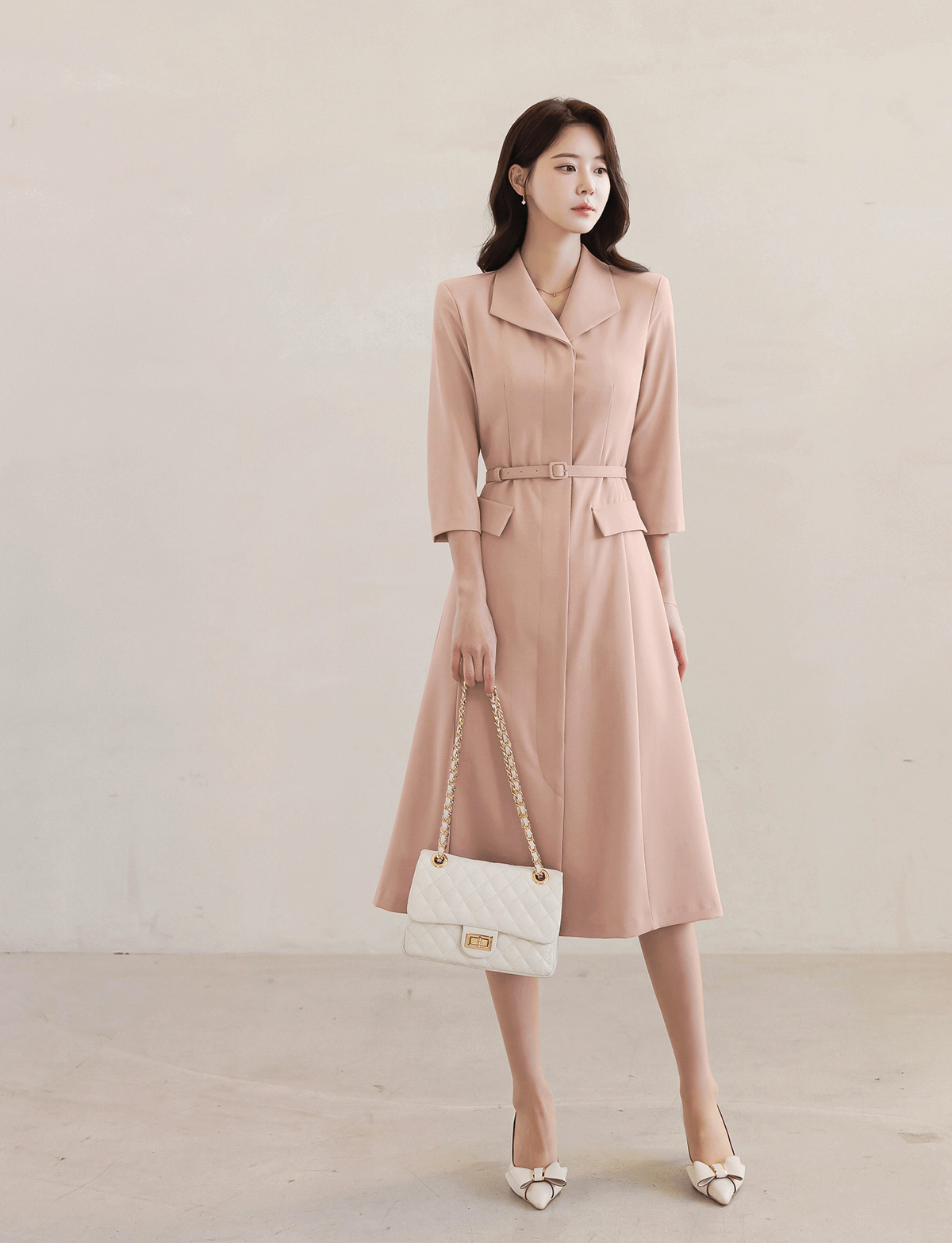 Flap-Pocket Belted Dress with Modern Sophistication