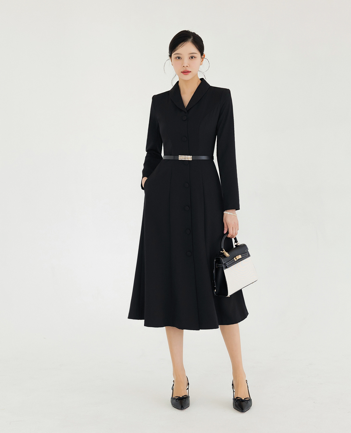 Shawl Collar Flare Midi Dress with Waist Belt – Elegant Dress for Special Occasions