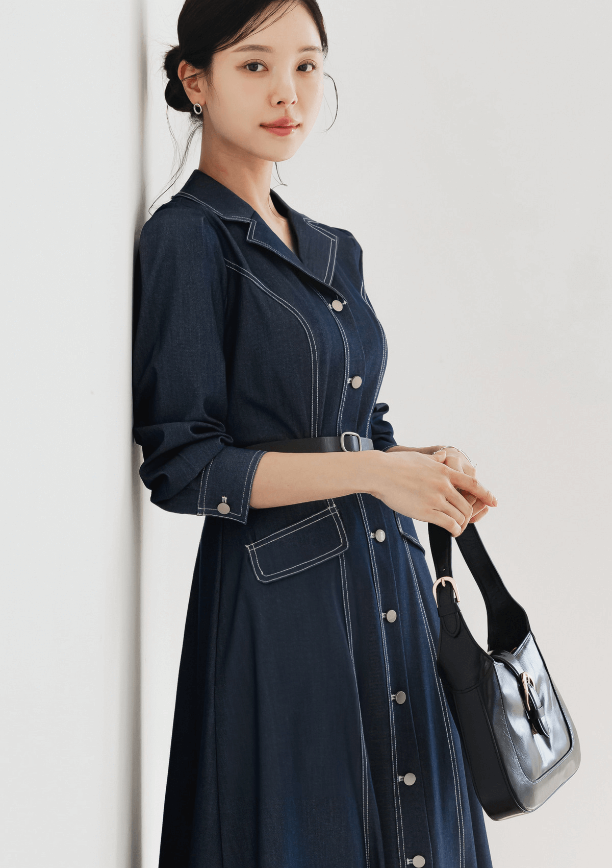 Chic Contrast-Stitch Denim Shirt Dress