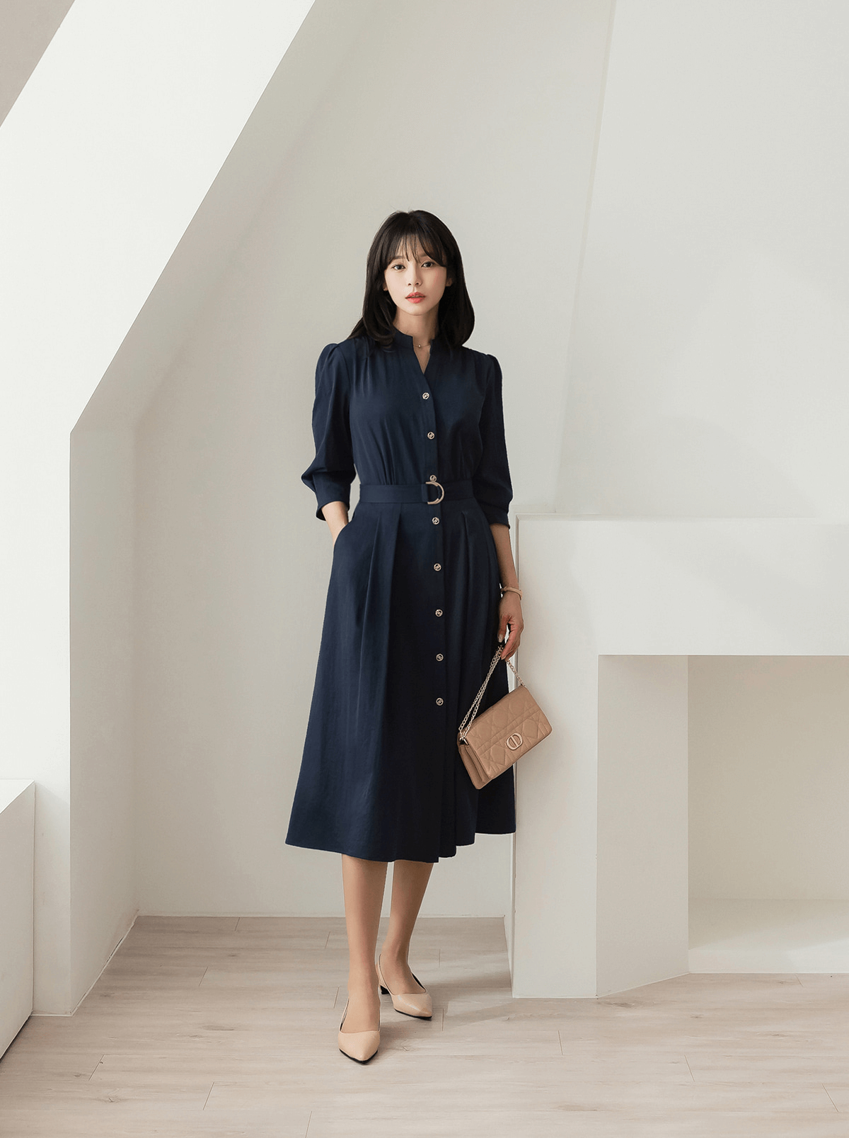 Elegant Puff-Sleeve Shirt Dress with Belt