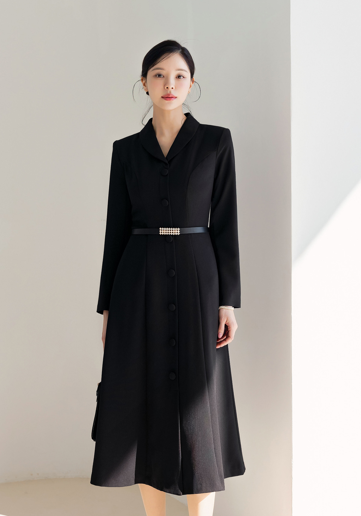 Shawl Collar Flare Midi Dress with Waist Belt – Elegant Dress for Special Occasions