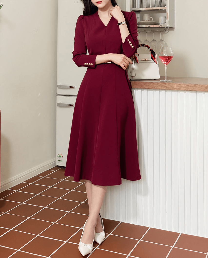Timeless Elegance V-Neck Belted Flare Dress