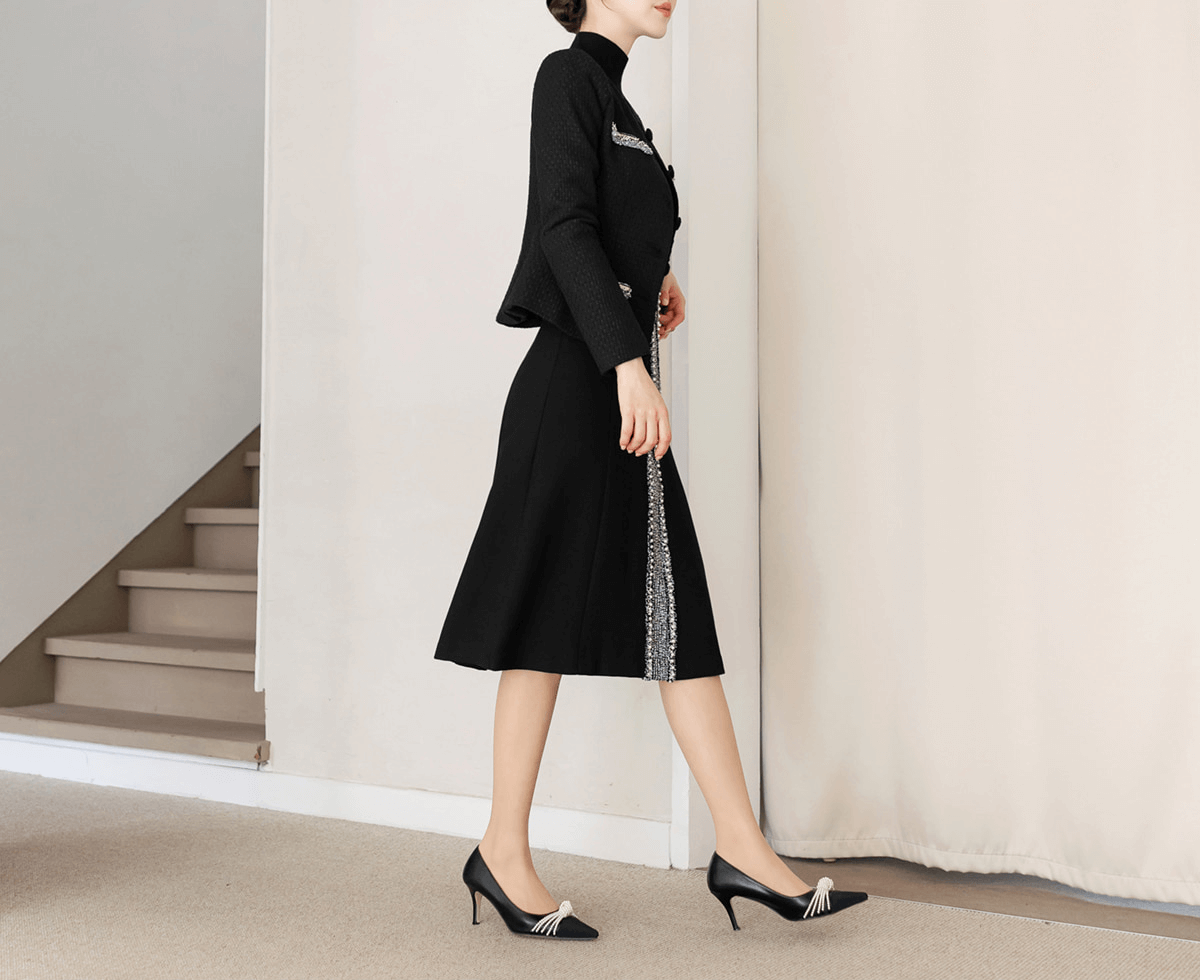 Elegant Women's Suit / No Collar Tweed Jacket Blazer and Semi-Flare Skirt