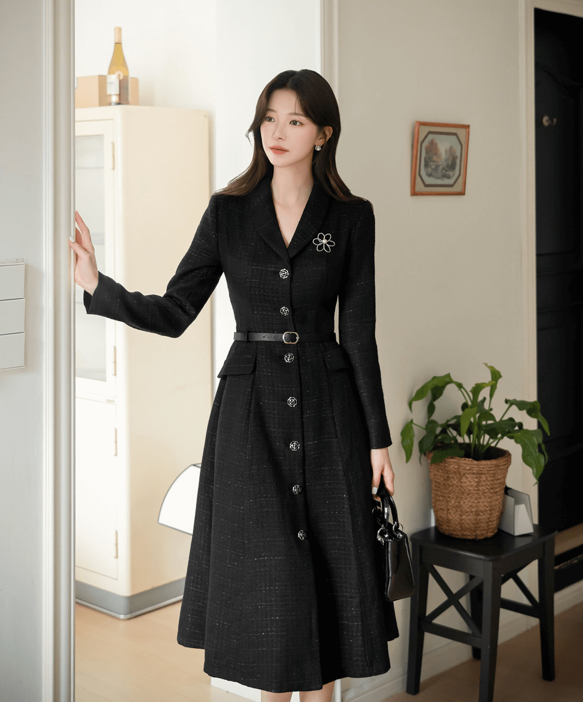 Classic Elegance Shawl Collar Tweed Shirt Dress