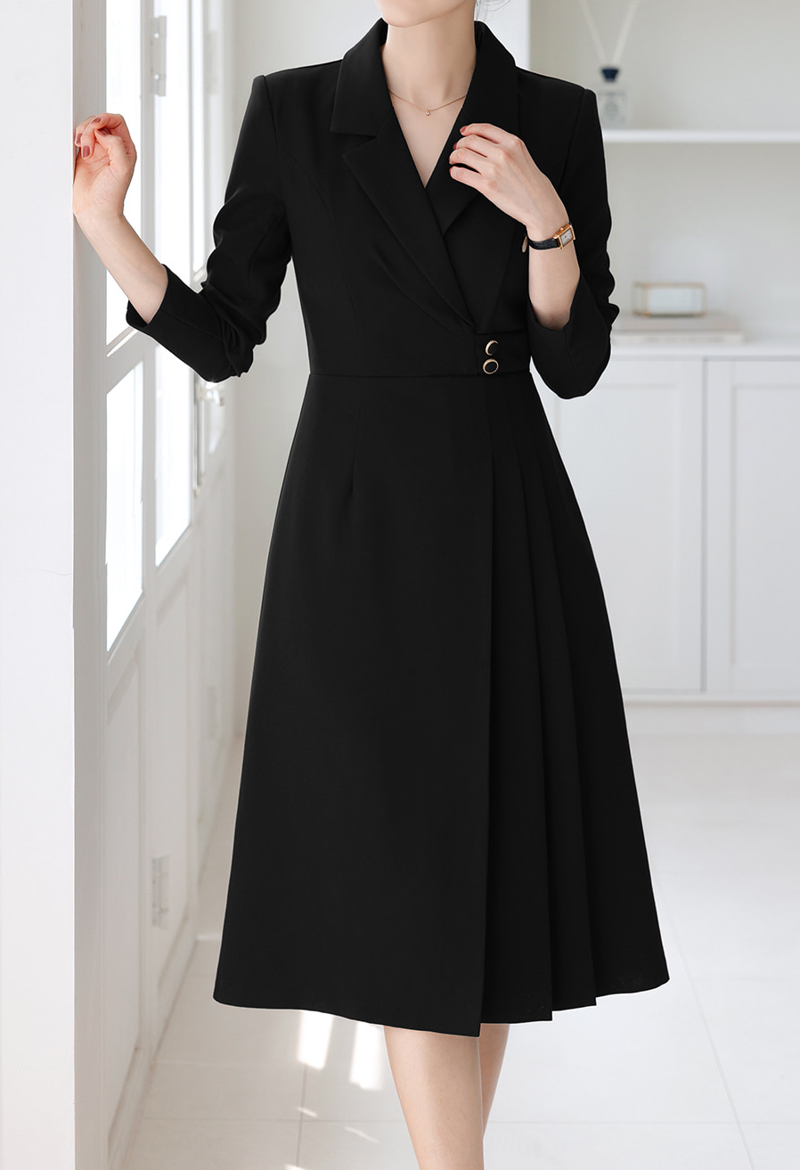 Half Pleated Midi Dress with Waist Button Detail – Elegant Korean Formal Dress for Special Occasions