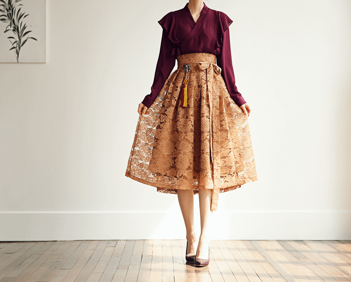 Floral Pattern Lace Modern Hanbok Wrap Skirt