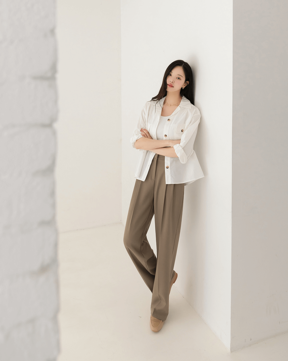 Tailored Pintuck Wide-Leg Slacks with Back Elastic