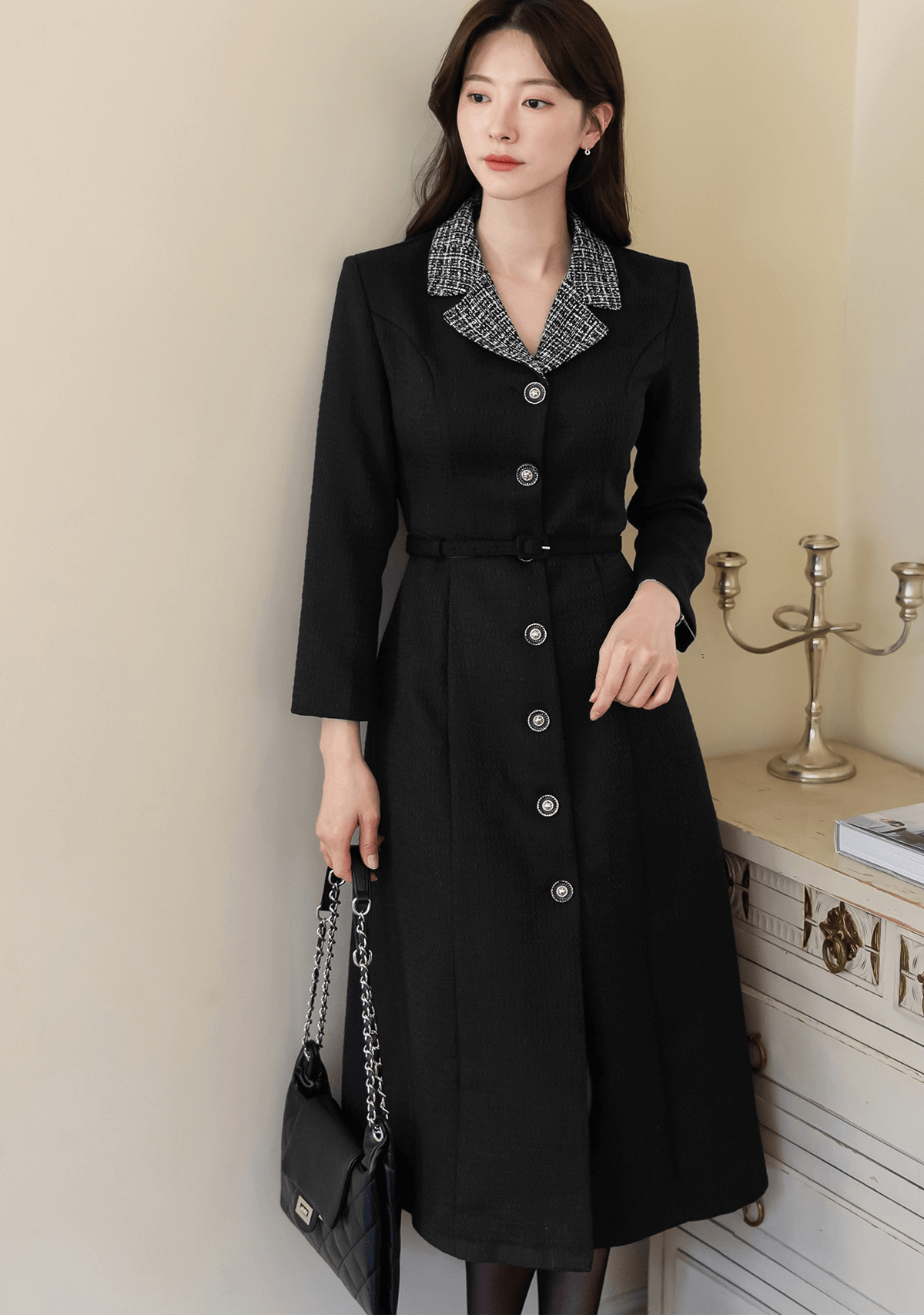 Modern Tweed Collar Belted Dress with Sophisticated Flair
